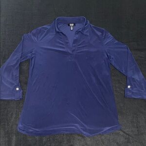 Jones New York Navy Collared Top V Neck blouse size Medium 3/4 sleeve button